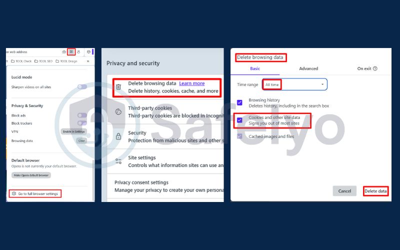 How to delete all cookies in Opera by use the settings menu How to delete all cookies in Opera by use the settings menu