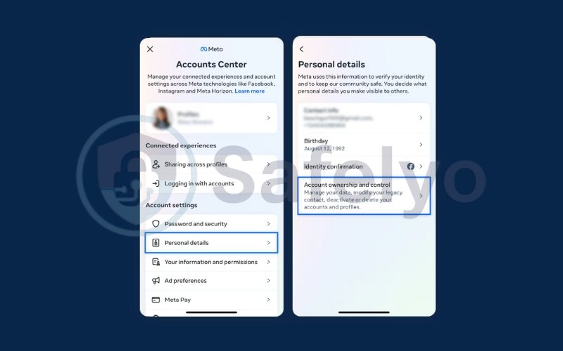 Tap Personal details and then Account ownership and control