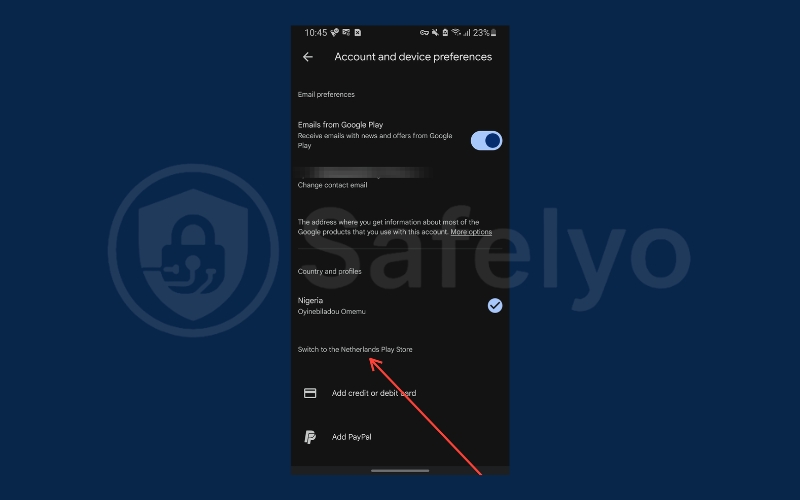 An option to Switch to the [region] Play Store