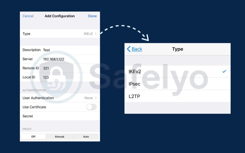 Choose the correct type (IKEv2, L2TP, or IPSec)