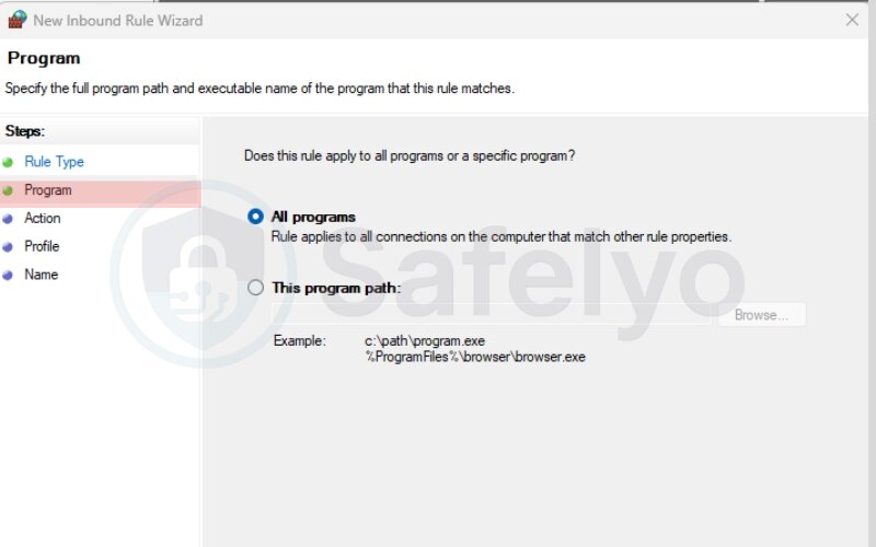 Choose the type that the rule applies to all programs or a specific program