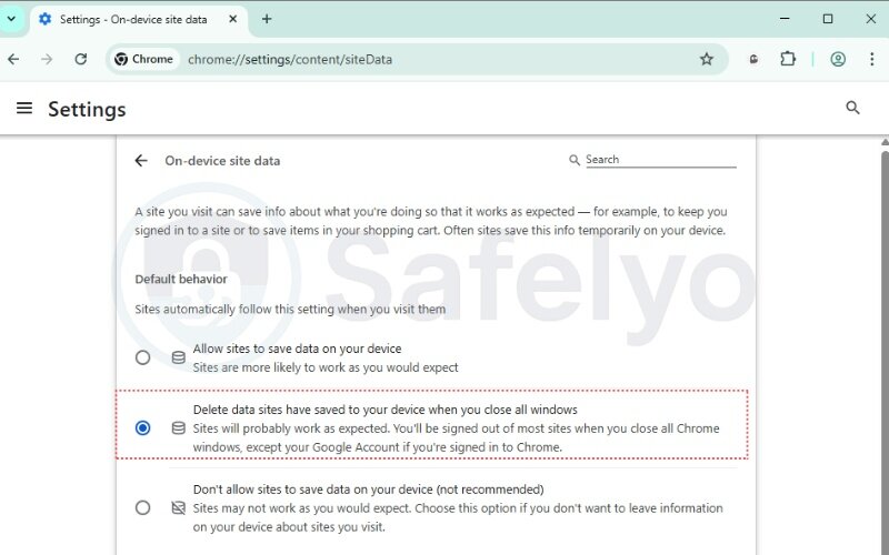 Select the radio button “Delete data sites that have been saved to your device when you close all windows”