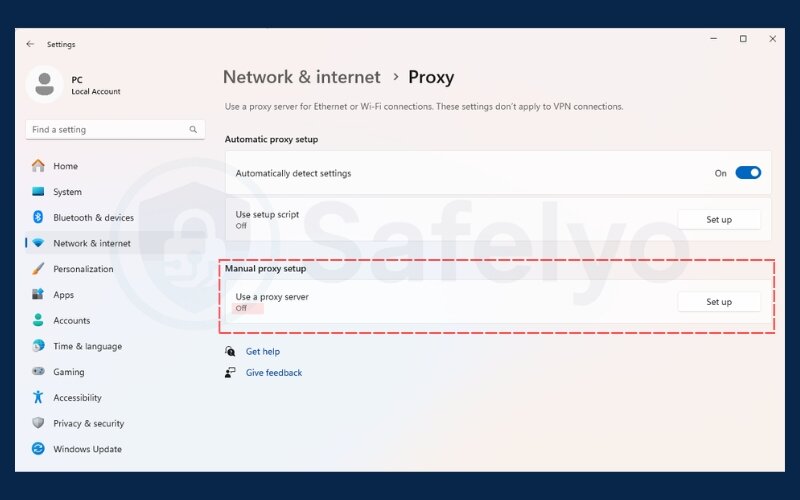 Disable proxy settings in system network settings