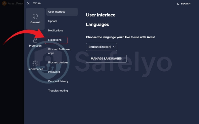 Click on Exceptions 