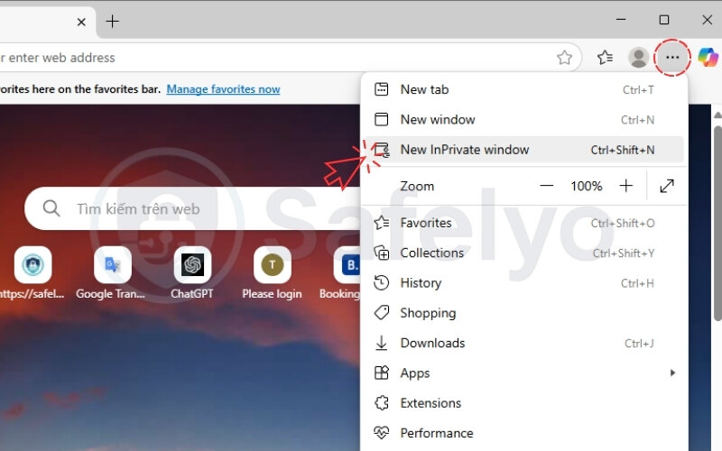 Open the new incognito window on Microsoft desktop