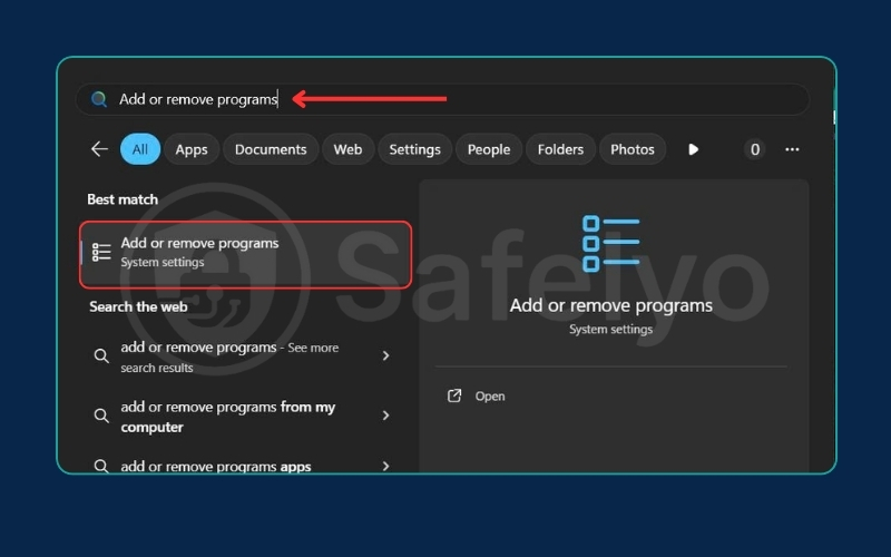 Press the Windows key, then type "Add or remove programs" Press the Windows key, then type "Add or remove programs"