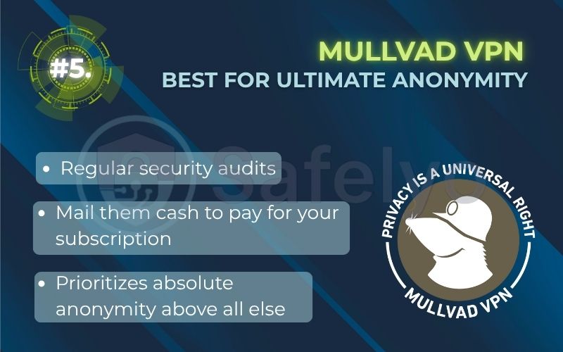 Rank 5 - Mullvad VPN: Best for ultimate anonymity Rank 5 - Mullvad VPN: Best for ultimate anonymity