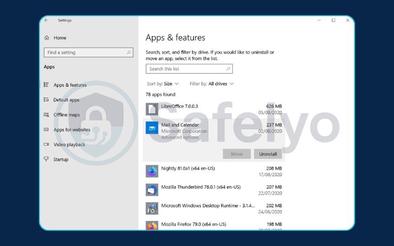 Review installed software by Apps & features