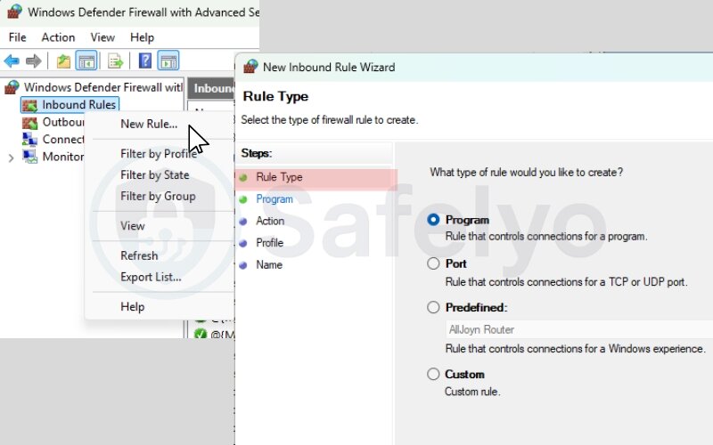 Right-click Inbound Rules or Outbound Rules > New Rule
