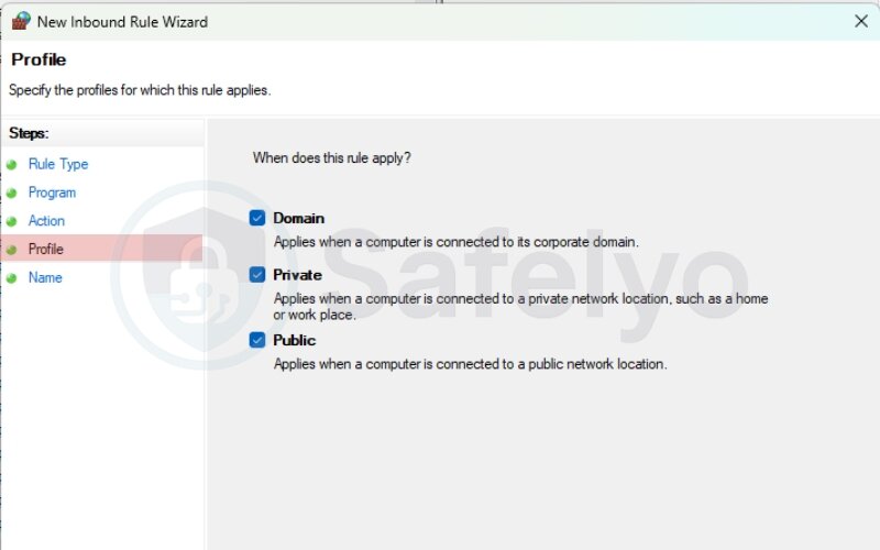 Select applicable profiles (Domain, Private, Public)