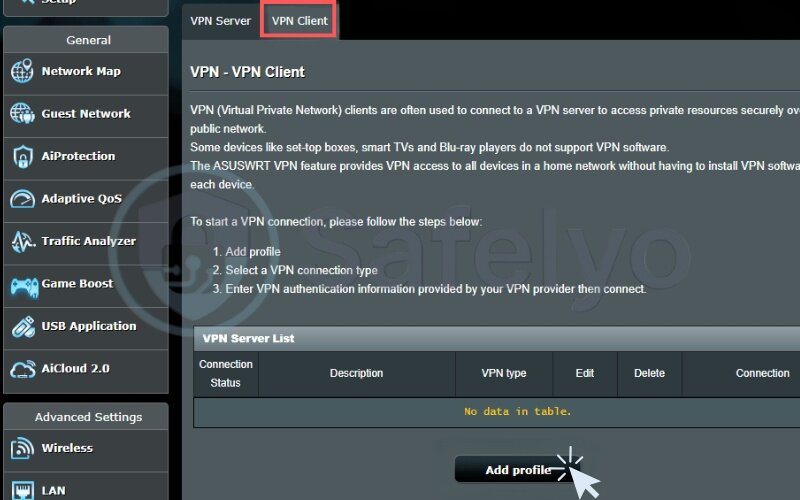 Select the VPN client and click "Add profile"