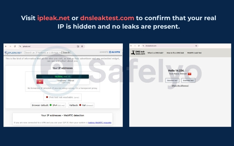 Visit ipleak.net or dnsleaktest.com
